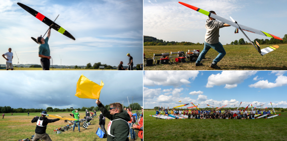 Collage mit Szenen der F3B-Weltmeisterschaft: Piloten mit ihren Segelflugmodellen, Bild mit den Teilnehmern, die sportliche Atmosphäre und die Faszination des Modellflugs stehen im Mittelpunkt.
