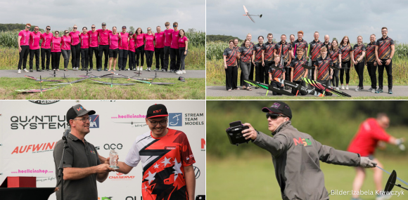 Collage aus vier Bildern der F3K-Weltmeisterschaft: Oben links das deutsche Team in pinken Trikots beim Gruppenfoto, oben rechts ein Nationalteam in roten Trikots mit Segelflugmodell im Hintergrund, unten links Siegerehrung mit Pokalübergabe vor Sponsor-Banner, unten rechts Pilot beim charakteristischen F3K-Drehwurf