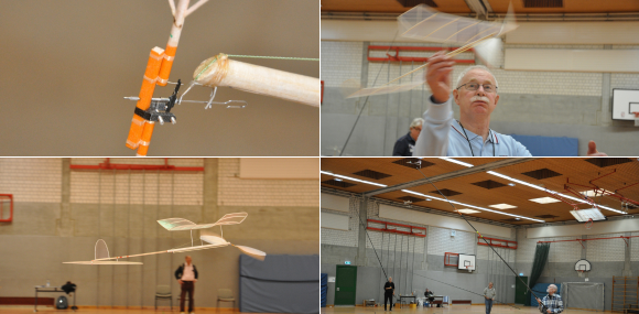 Deutsche Saalflugmeisterschaft F1M in Ingolstadt. Collage mit vier Impressionsbildern.
